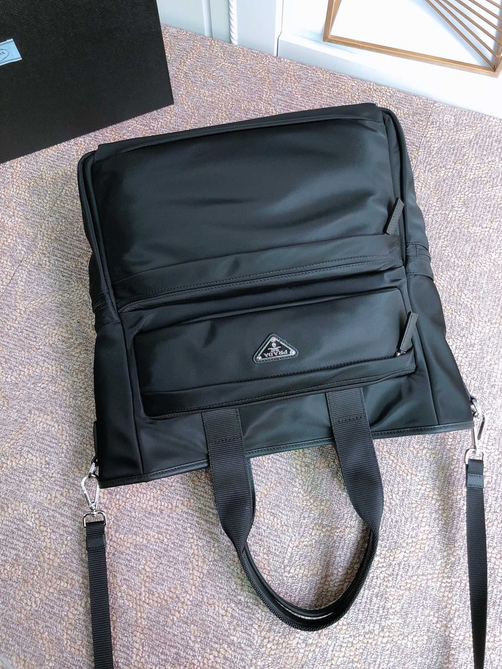PRADA TOTE BAG 38 IN BLACK RE-NYLON AND SAFFIANO LEATHER TRIM