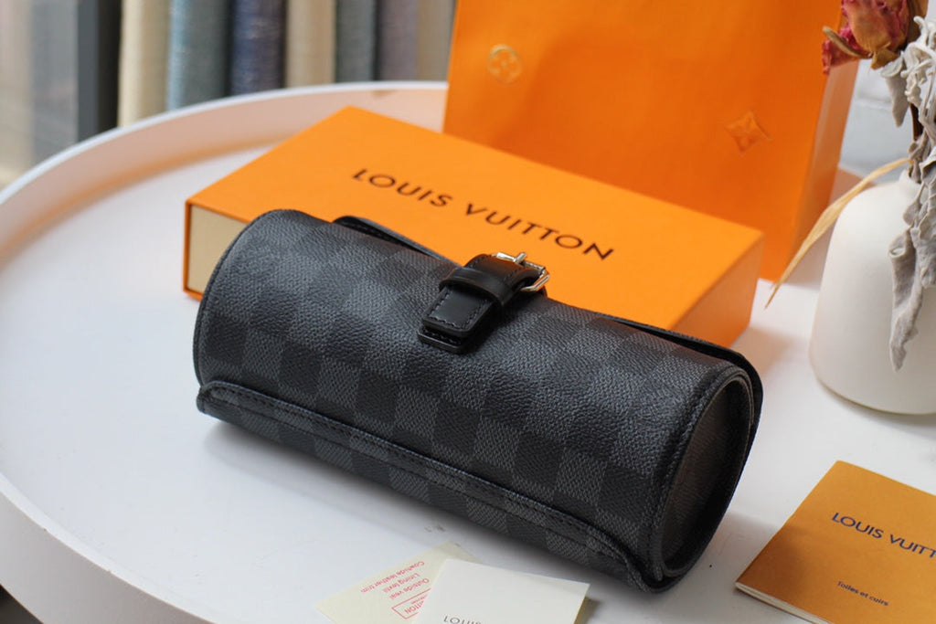 LOUIS VUITTON LV 25S ASTUCCIO PER 3 OROLOGI 20 IN BLACK DAMIER GRAPHITE CALFSKIN