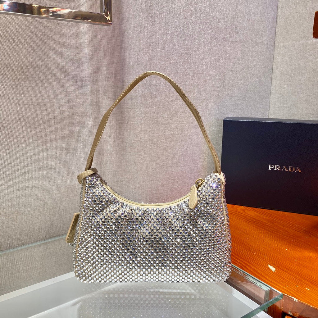 PRADA SPARKLING HOBO BAG 23 IN BEIGE NYLON ATTACHED FULLY CRYSTALS