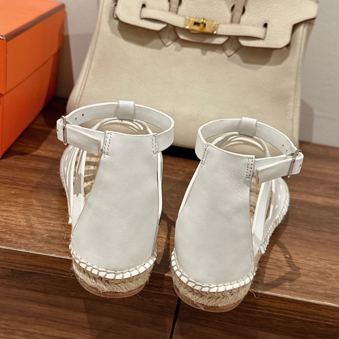 HERMES STRAW SOLE SANDAL WHITE LAMBSKIN