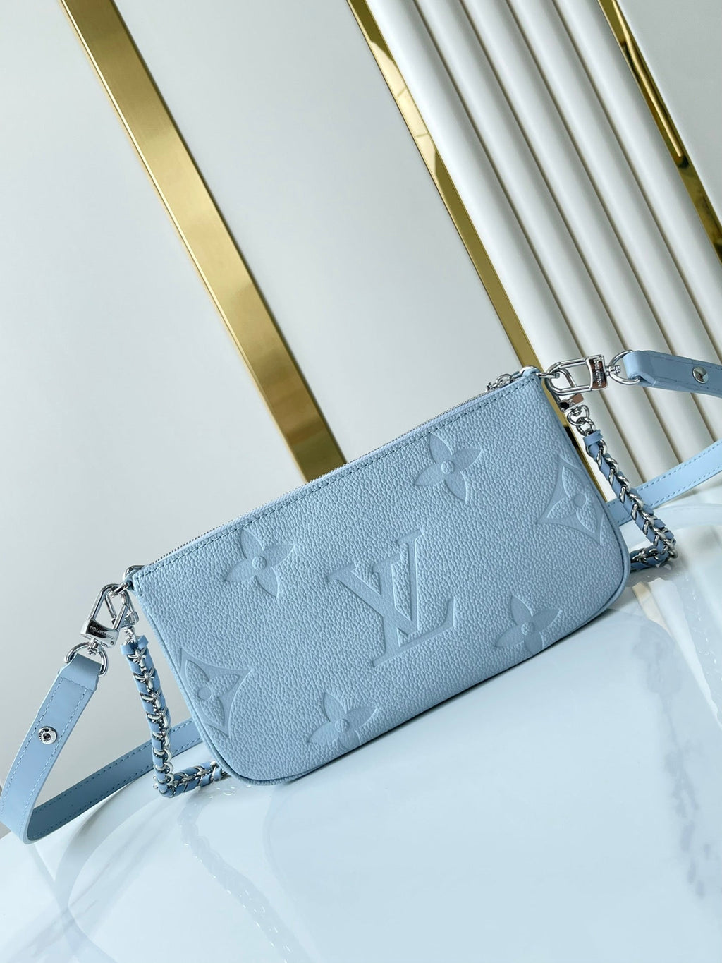 LOUIS VUITTON MULTI POCHETTE ACCESSOIRES 24 IN BEAU BLUE MONOGRAM EMPREINTE LEATHER