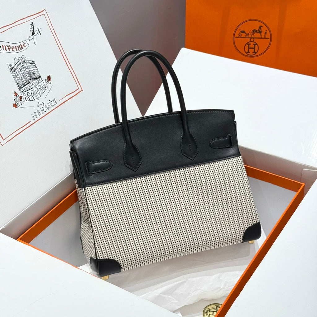 HERMES QUADRILLE BIRKIN 30CM IN BLACK SWIFT CALFSKIN WHITE BLACK PLAID TOILE CANVAS