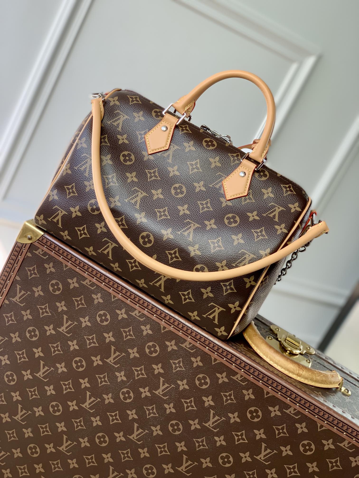 LOUIS VUITTON SPEEDY SOFT CRAFTY 30 IN BROWN LV MONOGRAM CALFSKIN RED TAG