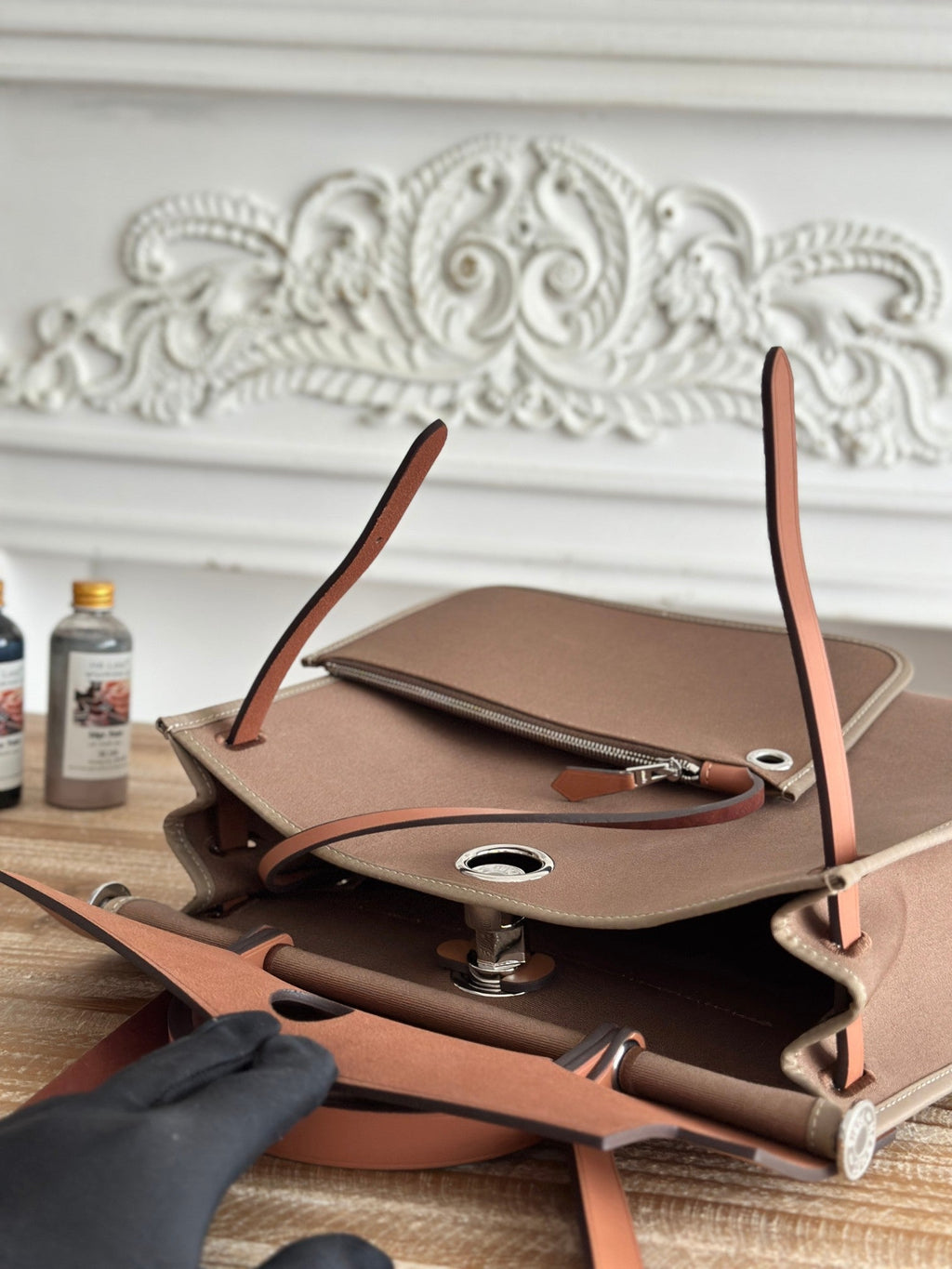 HERMES ZIP CABINE 31 BAG IN CHOCOLATE BROWN CANVAS AND BRONZE BROWN CALFSKIN
