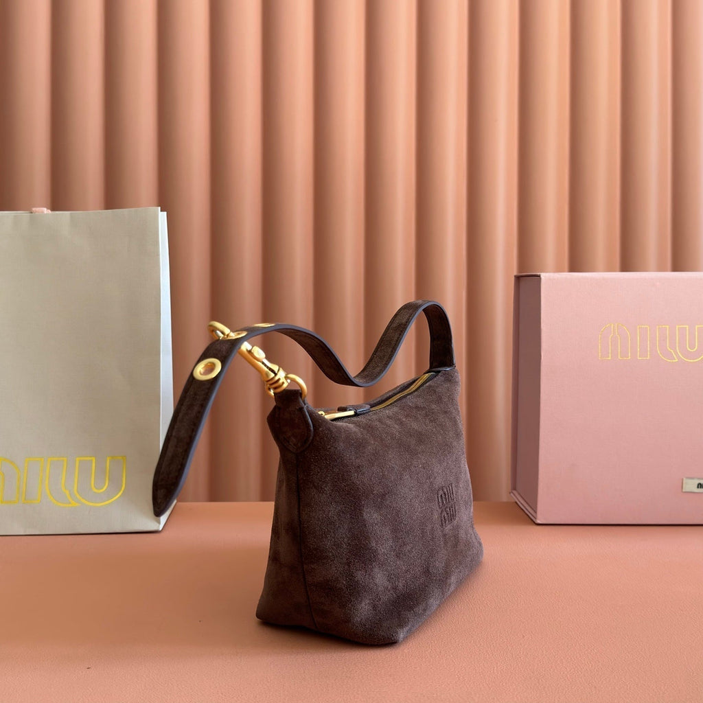MIUMIU 26S CORDUROY POUCH BAG 25 IN CHOCOLATE BROWN SUEDE GOLD HARDWARE