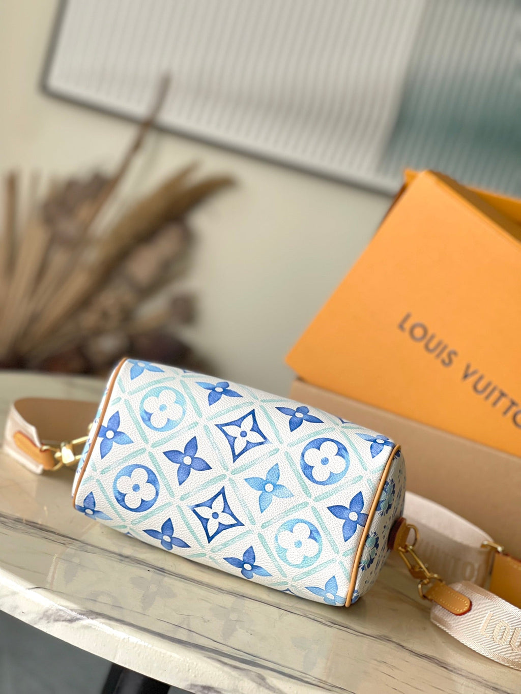 LOUIS VUITTON SPEEDY BANDOULIÈRE 20 IN LAGOON BLUE MONOGRAM TILES CANVAS GOLD BUCKLE