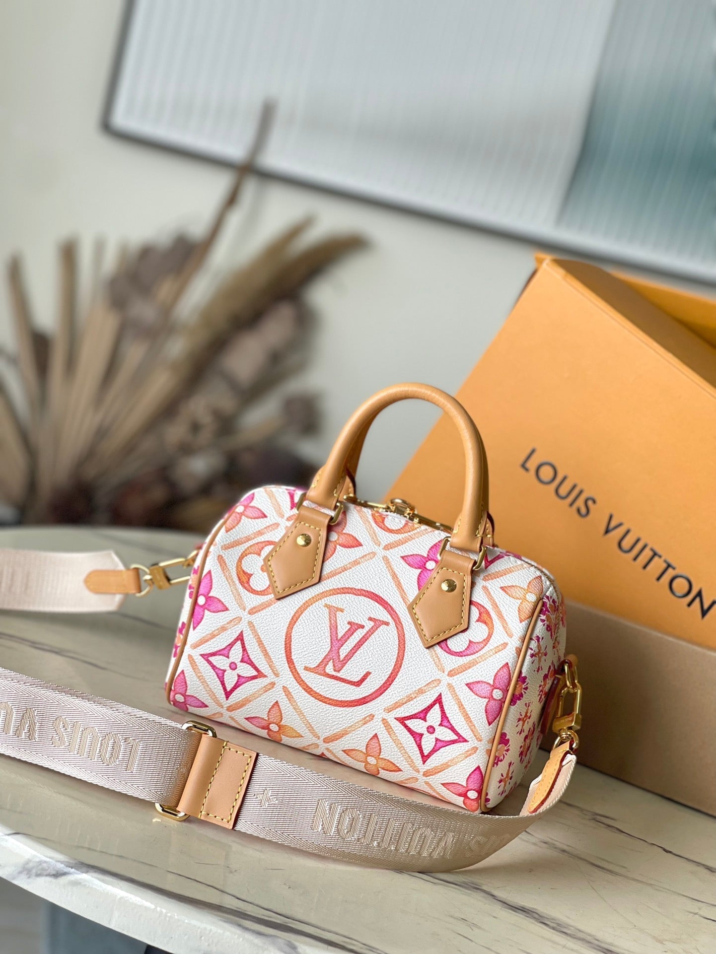 LOUIS VUITTON SPEEDY BANDOULIÈRE 20 IN CORAL MONOGRAM TILES CANVAS GOLD BUCKLE