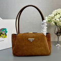 PRADA SHOULDER BAG 28 IN TAWNY BROWN SUEDE GOLD LOGO